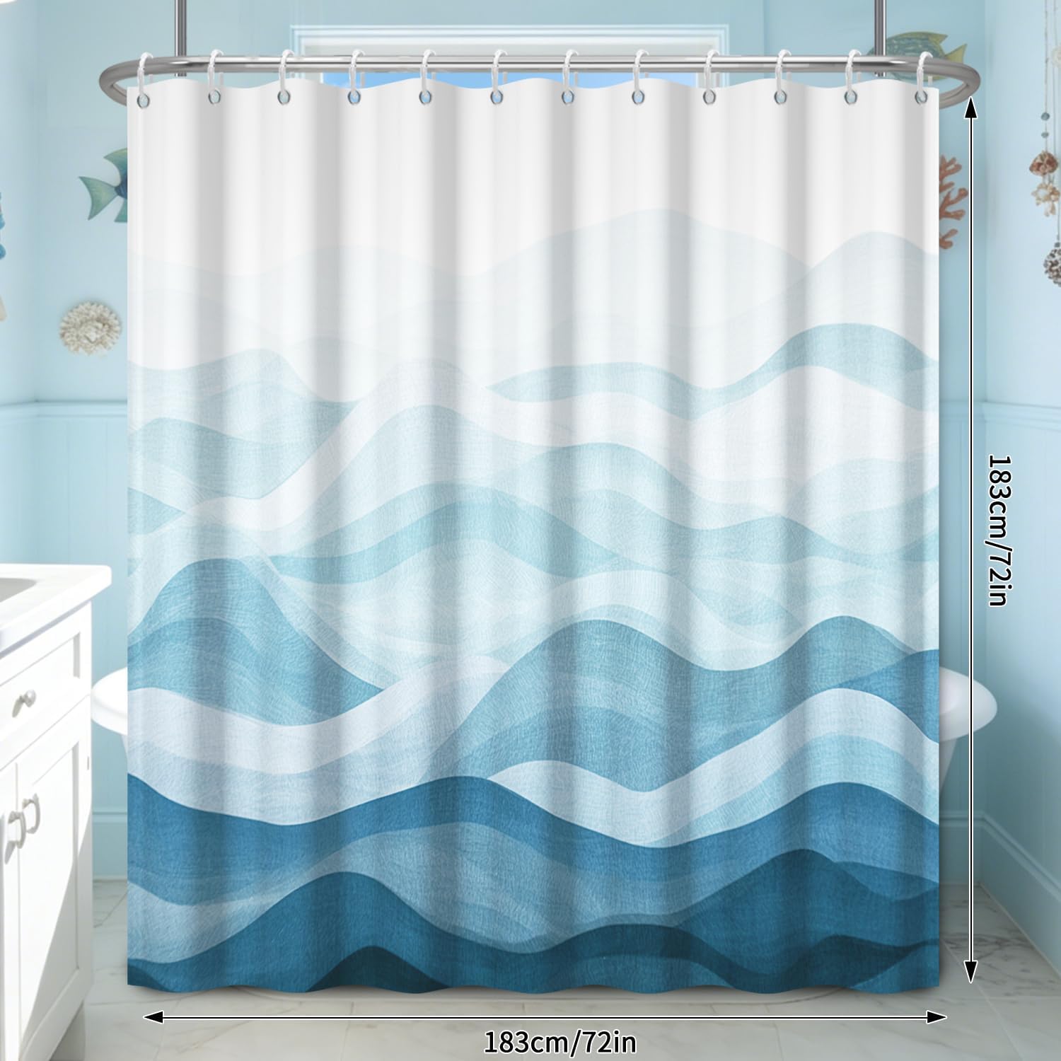 Abstract Ombre Blue Ocean Wave Shower Curtain for Coastal Bathroom,72"x72"