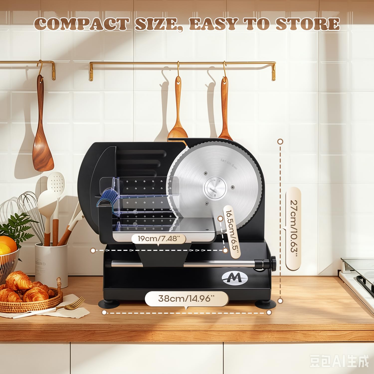 Moongiantgo Cortadora de Fiambre Casa Cortafiambres Eléctrico Profesional con 2x Cuchilla de Acero Inox Extraíble, Ø185mm, Regulador de Grosor 1-20mm, para Pan/Corte Jamon/Carne/Queso/Embutido (220W)