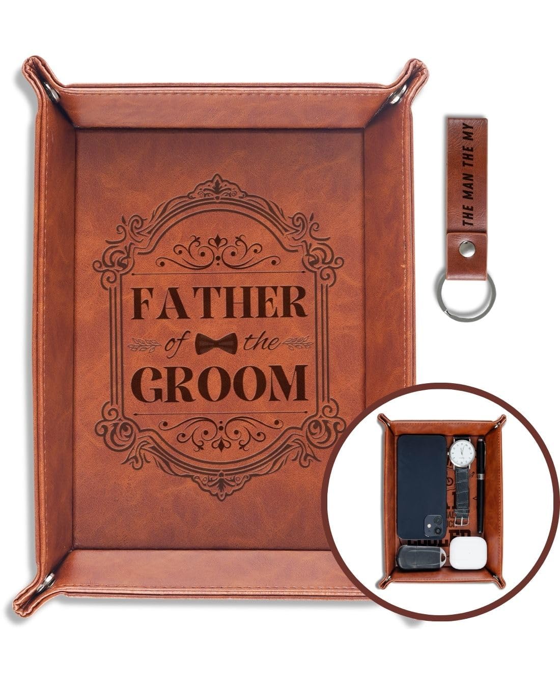 INNObeta Father of The Groom Gifts Valet Tray for Male, Men, Desktop Storage Organizer PU Leather Bedside Tray Key Coin Holder for Wedding - Father of The Groom