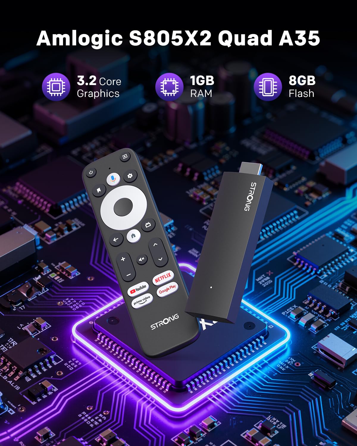 STRONG Leap-UNA Android TV Streaming Stick, WiFi, Integrierter Chromecast, Android 11 TV-Box, Google Assistant, HDR10+, Google Play, Netflix, YouTube