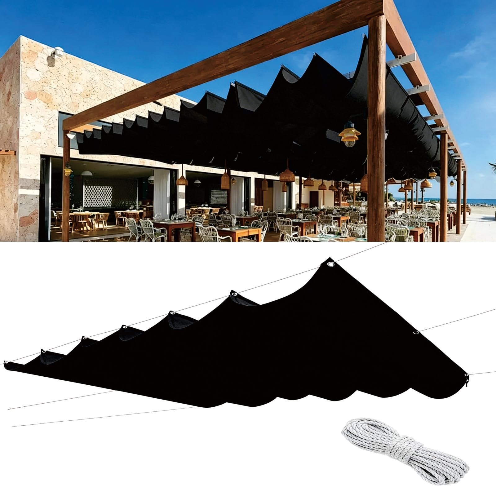 Auvent ondulé 305x770 cm noir avec protection UV pour jardin