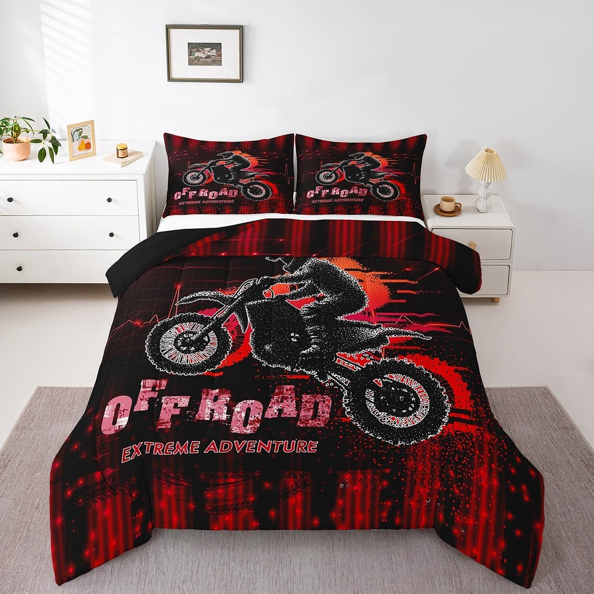 Feelyou Dirt Bike Comforter Set Queen Size Racing Motocross Rider Comforter for Boys Girls Teens Extreme Sports Bedding Set Motorbike Duvet Set Black Red Quilt Set