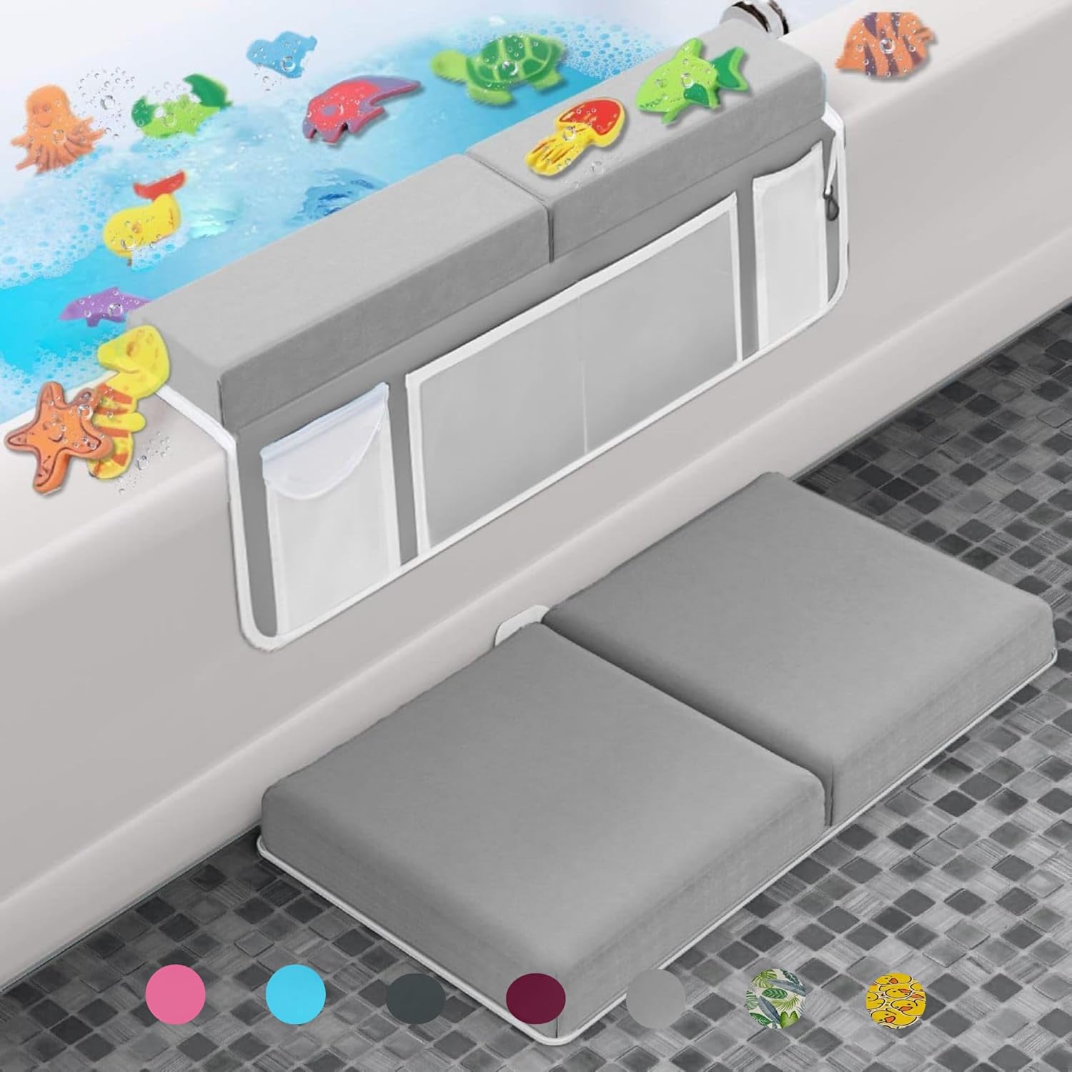Bath Kneeler –8 Suction Cups & 2" Padding.Certified Non Toxic Bath Kneeling Pad for Bath Tub & 5 Bath Toy Organizer. Fast Dry Baby Bath Kneeler and Elbow Rest Pad Set by Supa Ant-Duck