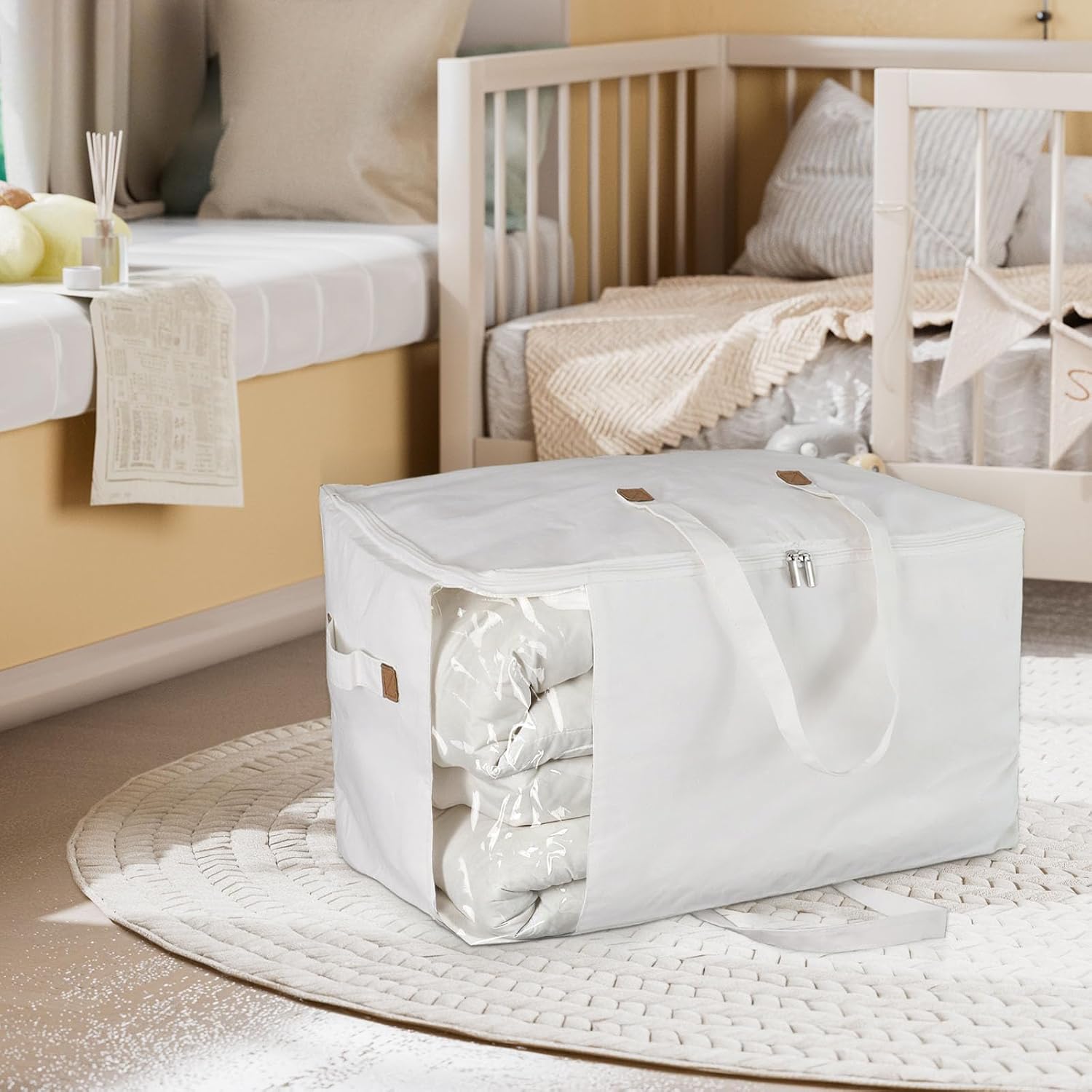 Heavy Duty Cotton Canvas Storage Bags For Comforter Blankets Clothes Extra Large Foldable Organizer with Clear Window & Reinforced Handles, Dustproof Design (White, 80L-2Pack)