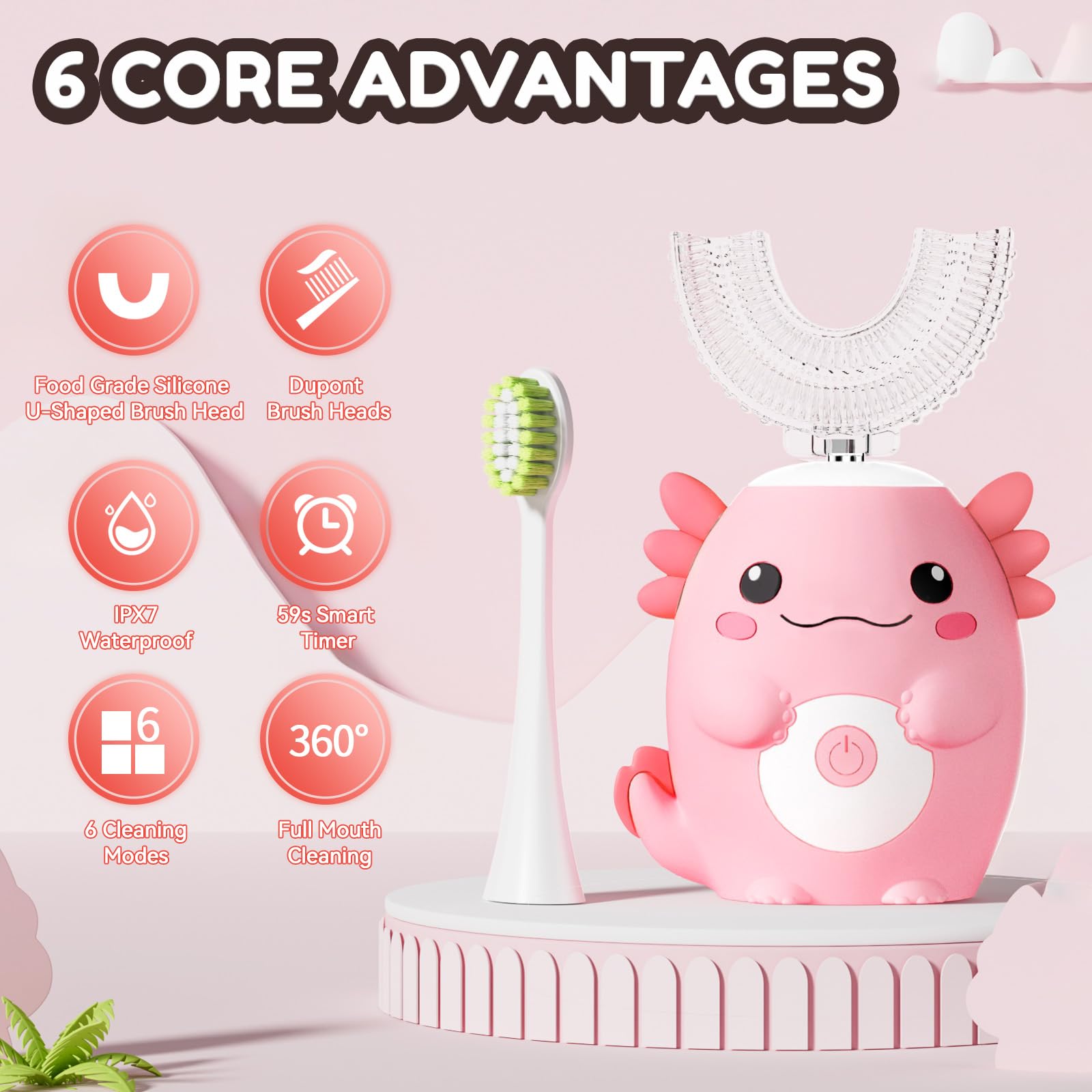 Spazzolino elettrico a forma di U per bambini, Axolotl Sonic a bocca intera, con 4 testine morbide, 6 modalità di pulizia, IPX7, impermeabile, pulizia a 360 gradi, età 2-15 anni, rosa