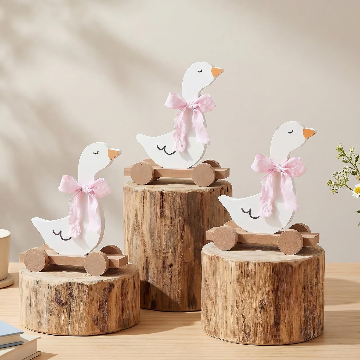 Wenqik 3 Pcs Silly Goose Baby Shower Table Centerpieces Pink Bow Wooden Goose on Wheels Decor Table Centerpiece Geese for Baby Shower Nursery Decor Photo Prop 1st Birthday Party