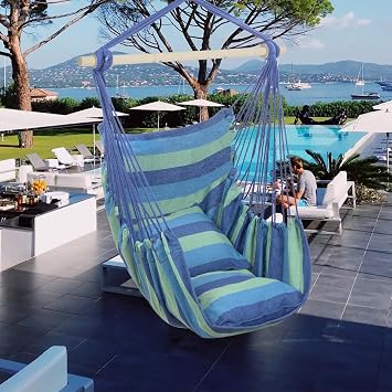 Tassel Hammock Chair Hanging Swing,Indoor & Outdoor Patio Hanging Swing Chair,Comfortable Porch Swing Chair,Cotton Woven Swing Chair,for Outside, Home, Bedroom, Yard, Garden Blue-B