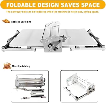 Dough Roller Machine, Electric Foldable Dough Sheeter, Stainless Steel Pastry Sheeter for Home and Commercial Use