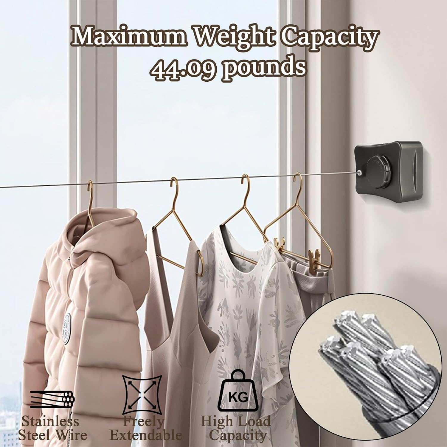 Retractable Clothesline Outdoor Indoor, 16.7FT Heavy Duty Clothes Drying Line, Anti-Sag Wall Mount Stainless Steel Laundry Line with Lock & Tighten Device, for Balcony Bathroom (Black)