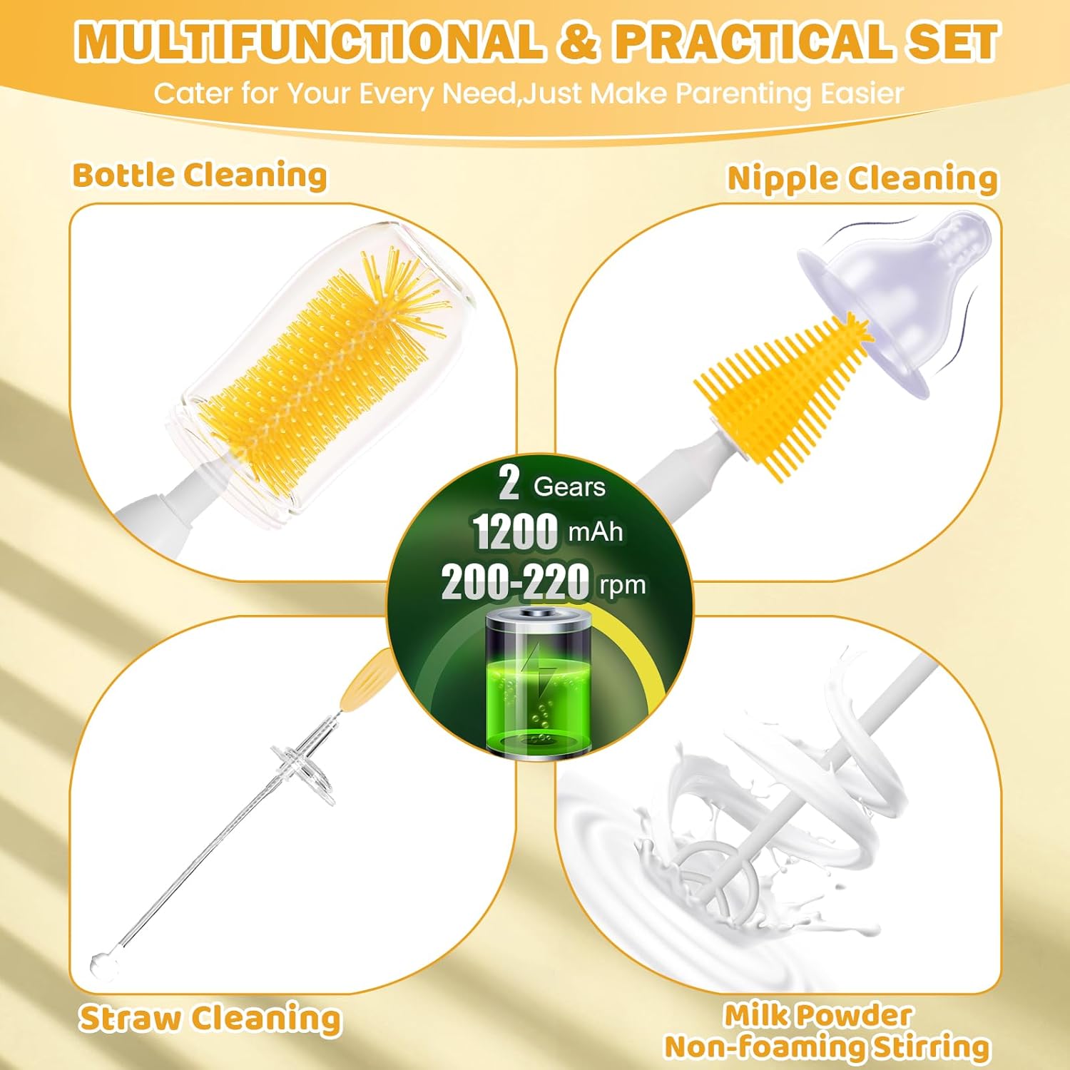 IvyWind Electric Travel Baby Bottle Brush Set with Storage Box, Automatic Bottle Cleaner Brush Kit with Silicone Bottle/Nipple/Straw Brush,Milk Frother Electric and Drainage Rack, Rechargeable, Yellow - Image 3