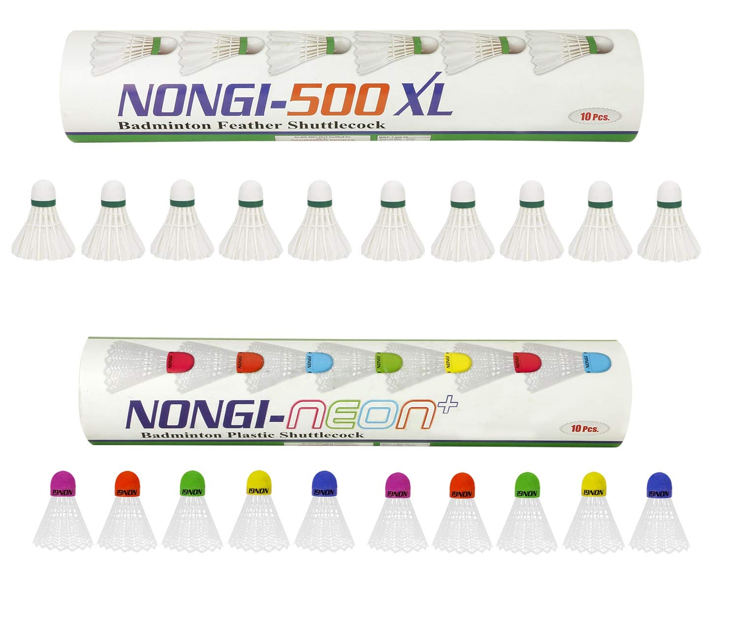 Nongi Neon PlusCombo Pack of 20 Shuttlecocks(10 Multicolored Cork Plastic), 500XL(10 White Feather) for Outdoor Indoor Sports (B08FBH7MLS) Amazon Price History, Amazon Price Tracker