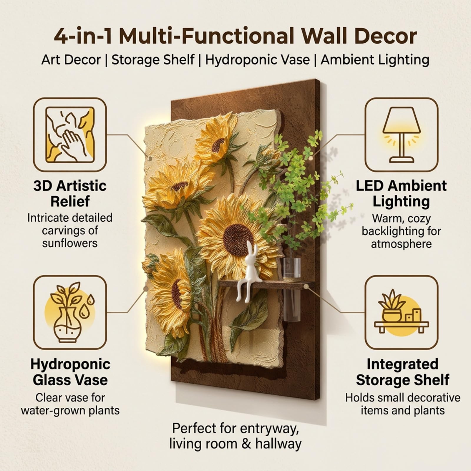 Arte Mural 3D con iluminación LED Relieve Girasol en Arenisca