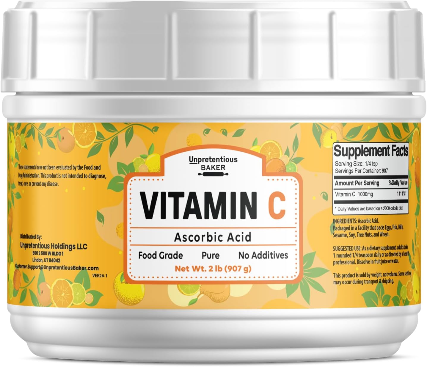 Vitamin C Powder (2 lb) Ascorbic Acid, Resealable Tub