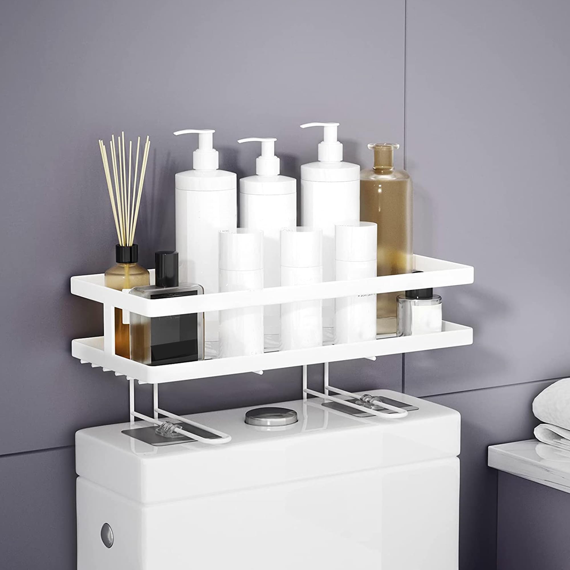 CM Baños - Estante Inodoro o WC - Organizador Baño, Gran Capacidad - Estante de Acero Lacado sobre el Inodoro, Sin Necesidad de Agujeros, Blanco Mate, 34x15 cm