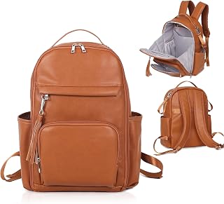 Leather Diaper Bag Backpack Baby Diaper Bag with 12 Organizing Pockets and Changing Station, Diaper Bagckpack Large Capacity Leather Diaper Bag, 2 Insulated Pockets Included(Brown)