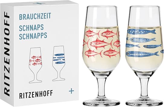 RITZENHOFF 3871002 Shot Glass 40 ml Set of 2 Series Brauchzeit No. 3 + 4 Fish Motif Round, Red and Blue Made in Germany