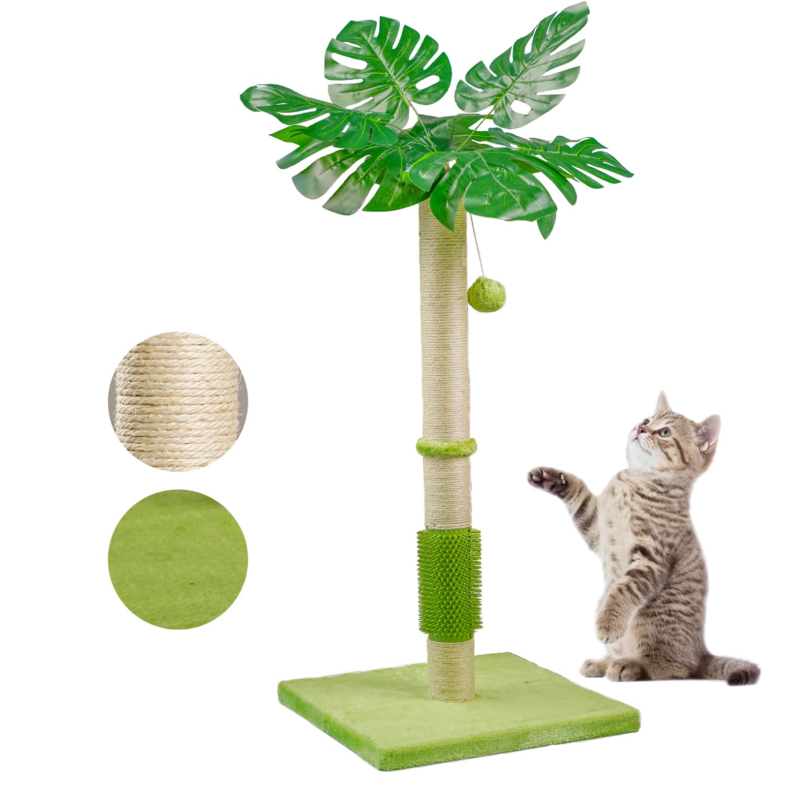 MeowHomm Kratzbaum, Katzenspielzeug Monstera Deliciosa für Indoor-Katzen mit natürlichem Sisal-Kratzstab, hängenden Sisalseilen und Bällen, niedlicher 101,6 cm hoher Katzenkratzer für große Katzen und