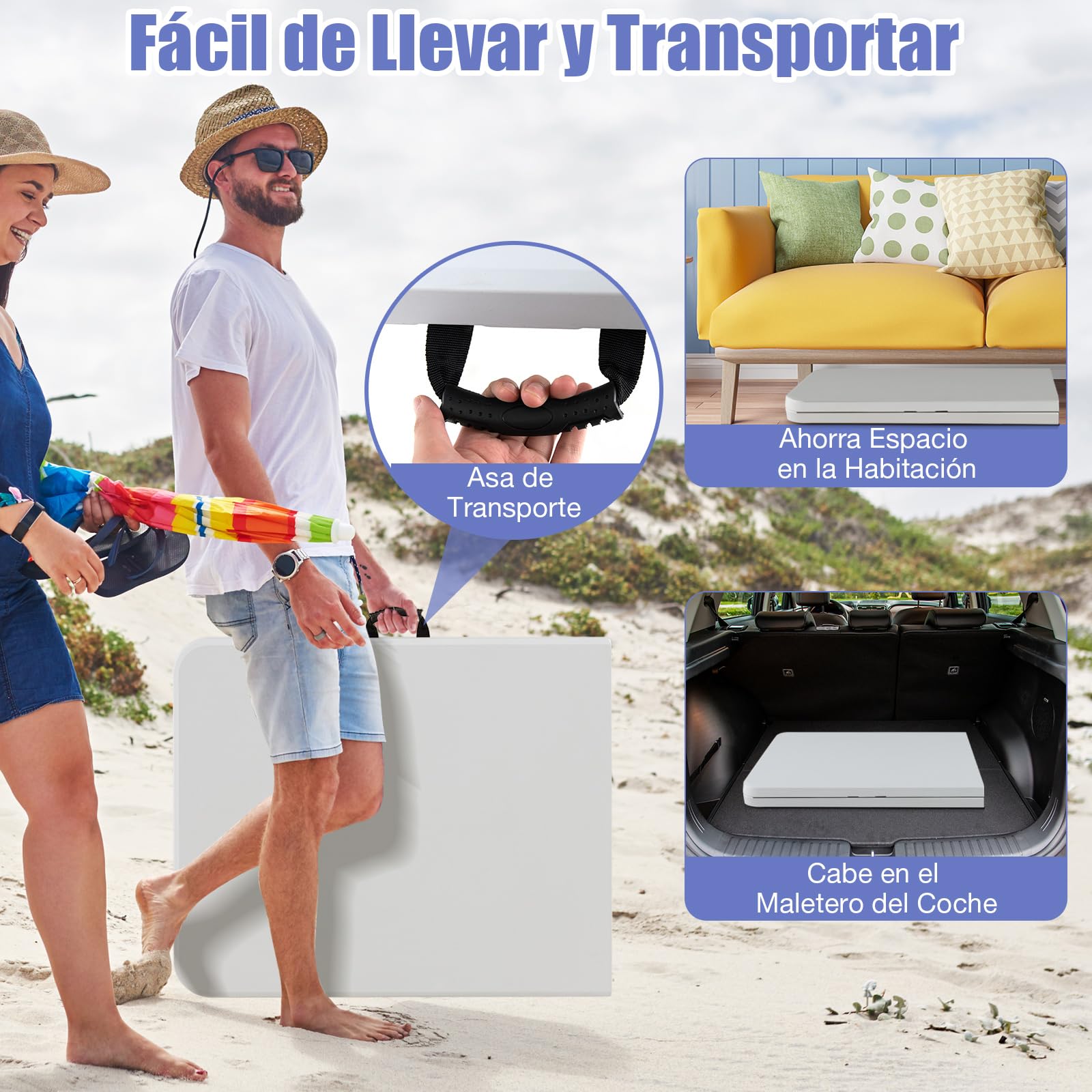 GYMAX Mesa Rectangular Plegable, Mesa de Comedor Exterior e Interior de HDPE, con Patas de Metal, Almohadillas Antideslizantes, para Camping, Picnic, Jardín, Playa, 180 x 75 x 73,5 cm, Blanco