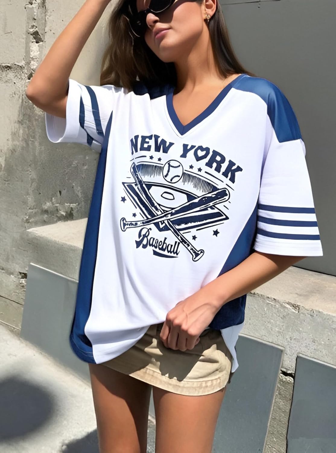 Oversized Jersey Shirts for Women V Neck New York Baseball Jersey Baseball Game Day Outfits - Image 2