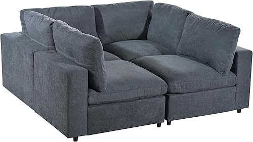 Miniatura 6 de Juego de sofá modular de 4 plazas con puertos de carga USB, sofá modular tapizado con carga inalámbrica y altavoz Bluetooth integrado en el brazo,