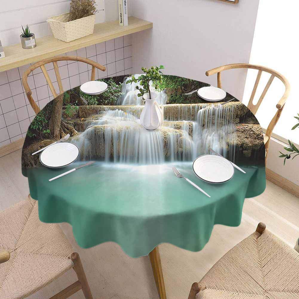 UETECH Restaurant Round Tablecloth Waterfall Decor Collection Falling Stream Waterfall Natural Pond Thailand Vacation Picture Cyan Green Ivory Parties Wedding Patio Dining D70