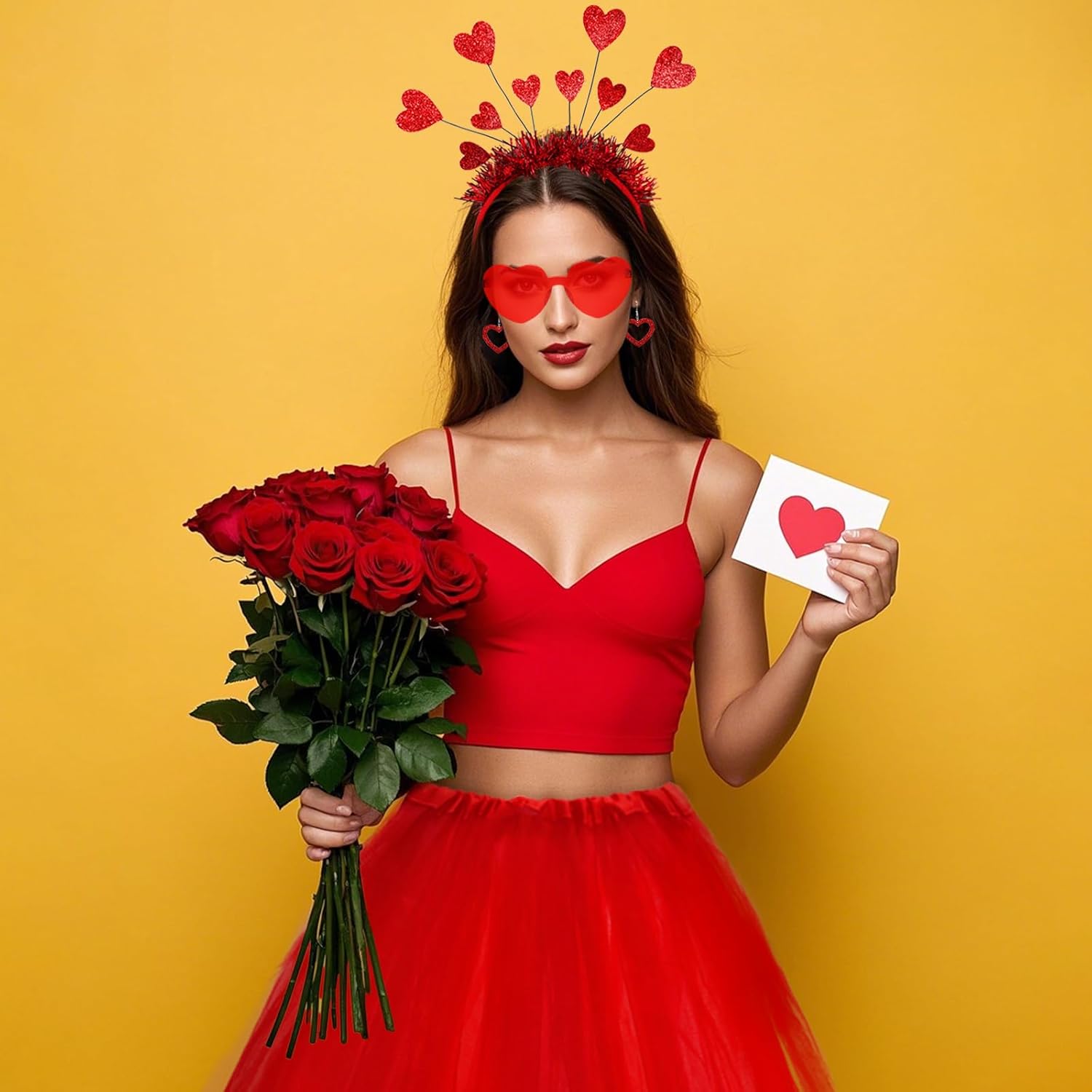 Valentines Cupid Costume Red Tutu for Women Red Heart Headband Sunglasses Love Earrings for Valentine's Party Supplies - Image 7