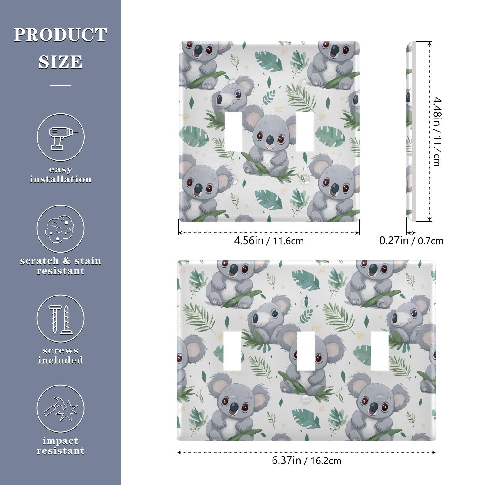 Light Switch Cover Cute Koala Wall Plates for Electrical Outlets 3 Gang 202b3307
