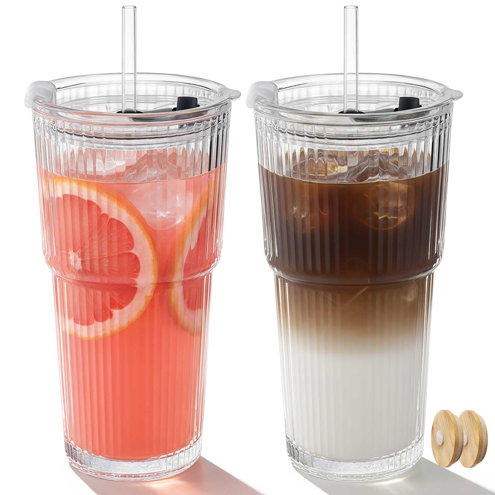 Ruckae Ribbed 2pack 20oz Glass Cups with Bamboo &amp; Plastic Lids and Straws