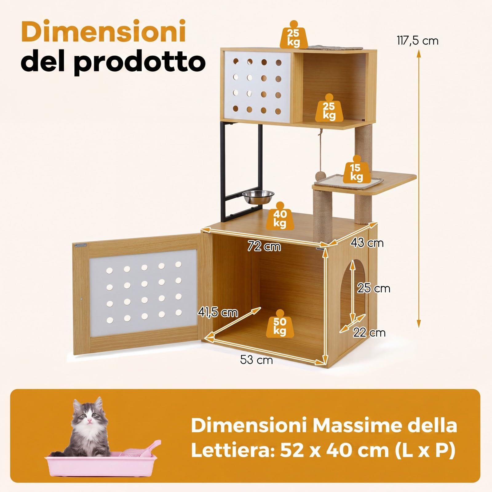 COSTWAY Mobile Lettiera Gatti Multilivello, Albero Tiragraffi per Toilette Nascosta in Legno, con Ciotola, Cuccia, Piattaforme di Attività, Tiragraffi e Giocattoli, 73 x 43 x 117,5 cm (Naturale)