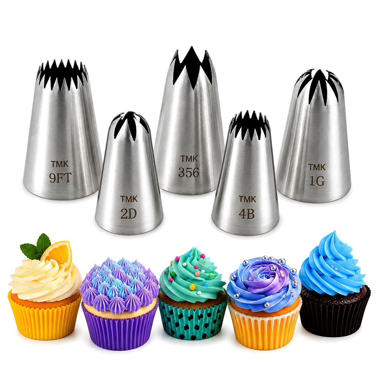 Cake Decorating Nozzle Set 1G 9FT 356 4B 2D, 5 Pack Seamless Stainless Steel Icing Piping Tips for Cupcake and Cookies