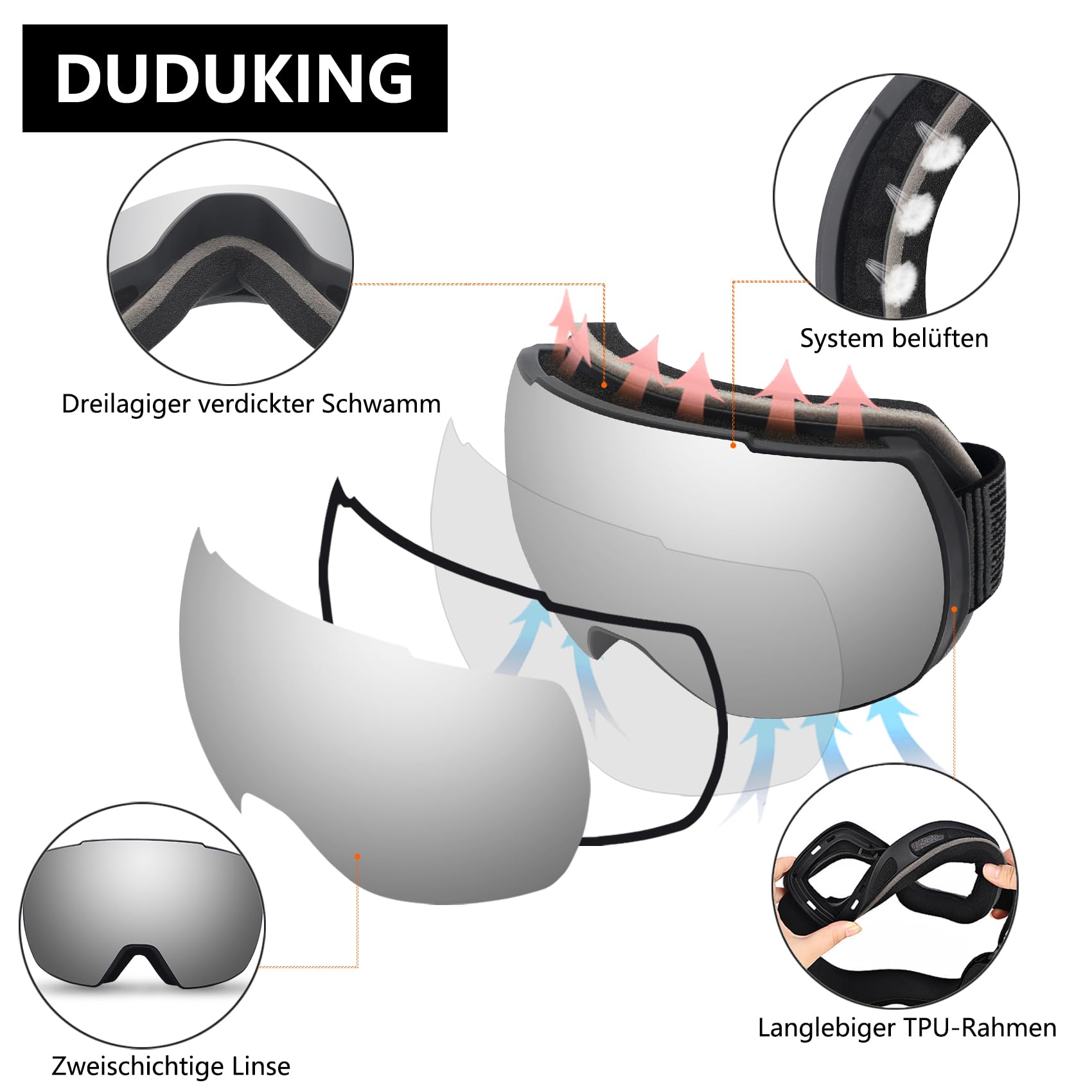 DUDUKING Skibrille Frauen Männer, Sphere Snowboard Brille für Erwachsene Jugendliche,Anti Fog Doppelte Linse UV 400 Schutz Skibrille Helm kompatibel für Skifahren Motorrad Radfahren Skaten