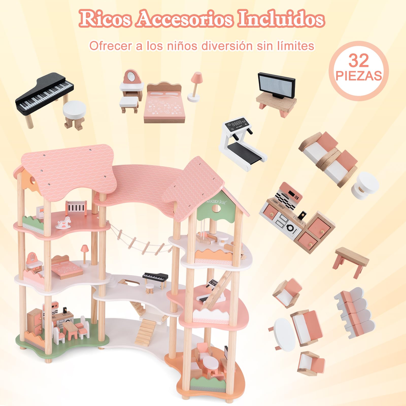 GOPLUS Casa de Muñecas de Madera de 3 Pisos Con 7 Habitaciones y 31 Piezas de Muebles, Encantador Juego Para Niños de 3+, Para Muñecos de 8-15 cm