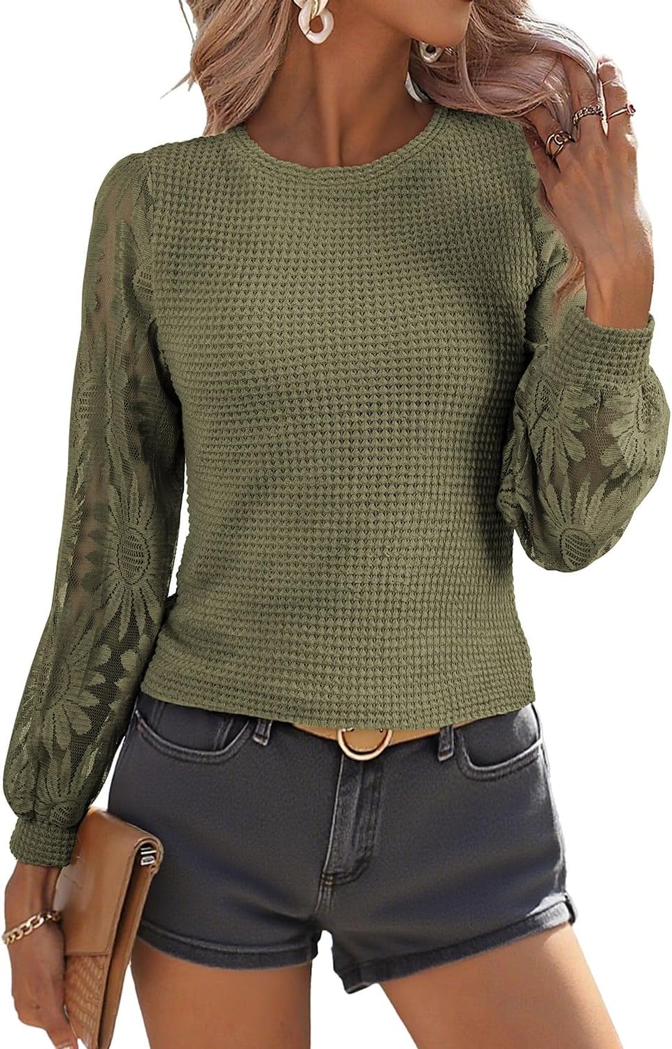 BLENCOT Womens Casual Crochet Top Mesh Lace Long Sleeve Shirts Waffle Knit Blouse Crewneck Shirt Fall Womens Tops Pullover - Image 6