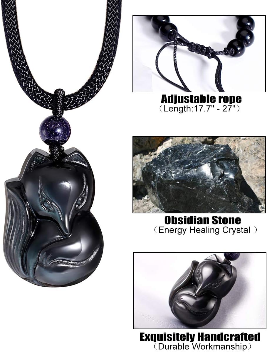 Obsidian Fox Necklace Pendant for Women Healing Energy Crystal Amulet Animal Gifts - Image 3