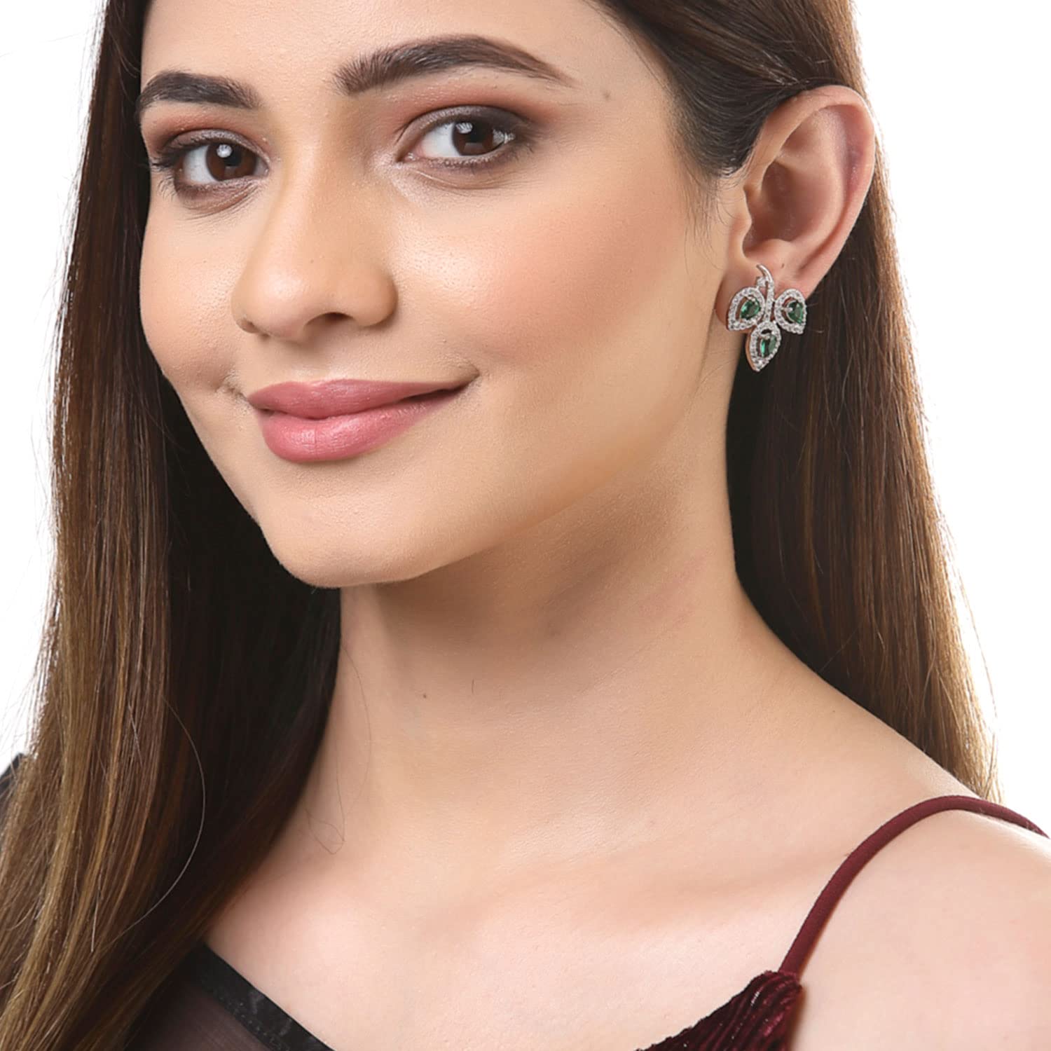 Leaf Shaped Rhodium Plated Diamond Stud Earring (Green)
