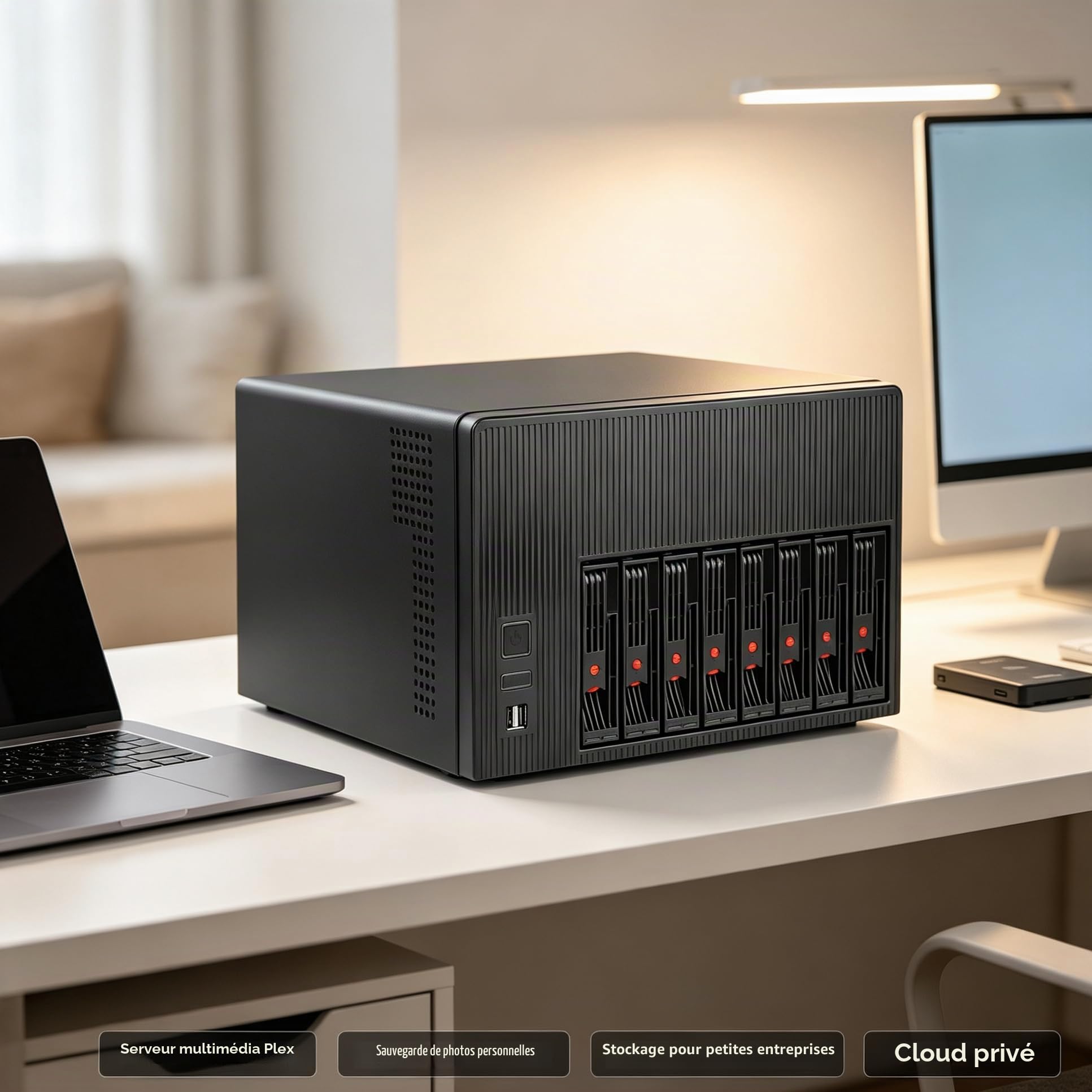 K7 Boîtier NAS 8 baies compatible avec les boîtiers d'ordinateur, carte mère Micro-ATX Mini-ITX, 3 ventilateurs, plateau de 8 x 2,5/3,5", serveur de stockage réseau pour la maison (sans disque