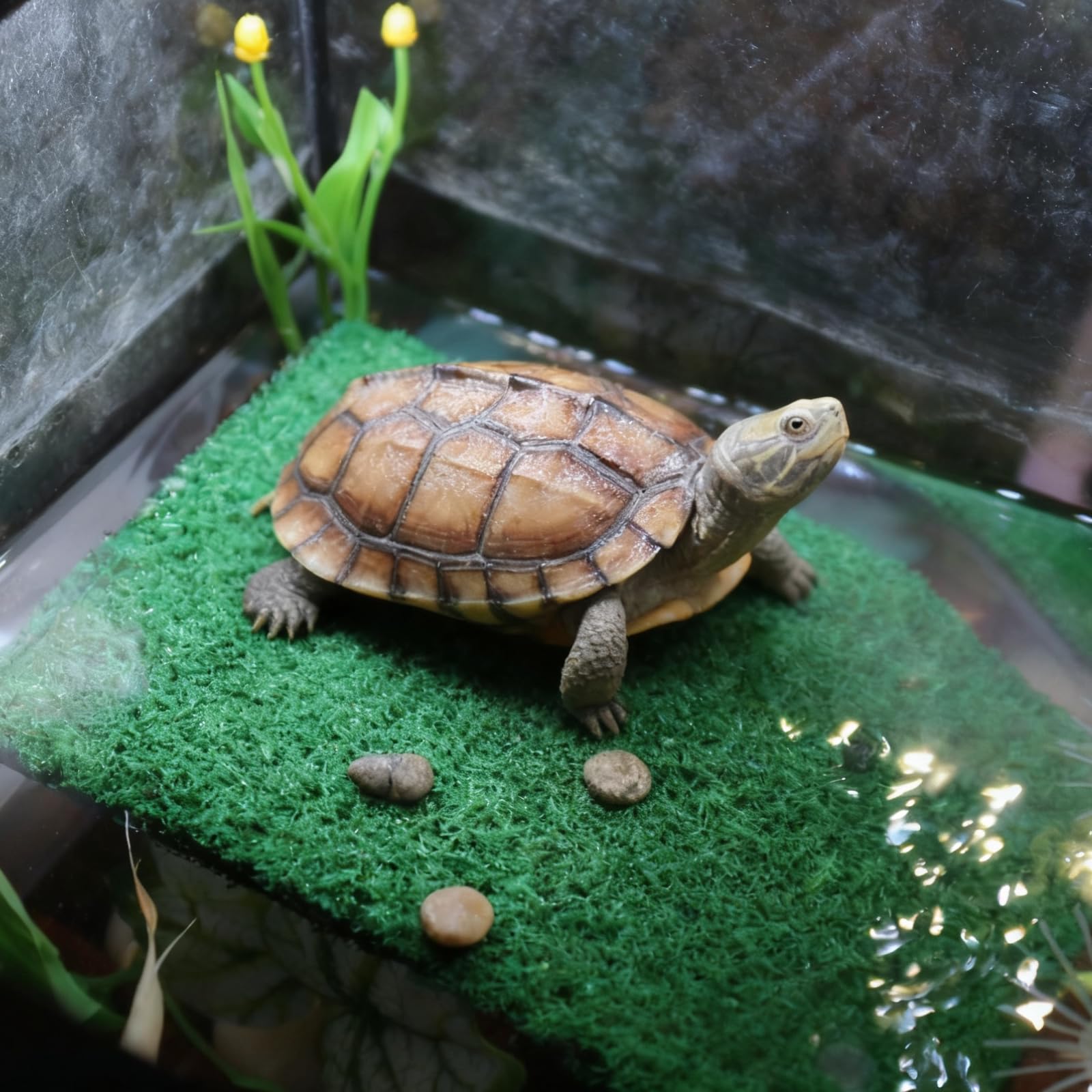 Hierba Rampa para Tortuga, Forma de Plantas Simuladas con Inclinación, Rampa de Escalada de Césped para Pequeños Reptiles, Rana, Terrapín, Terraza para Tortuga para Trepar, Tomar el Sol (M)