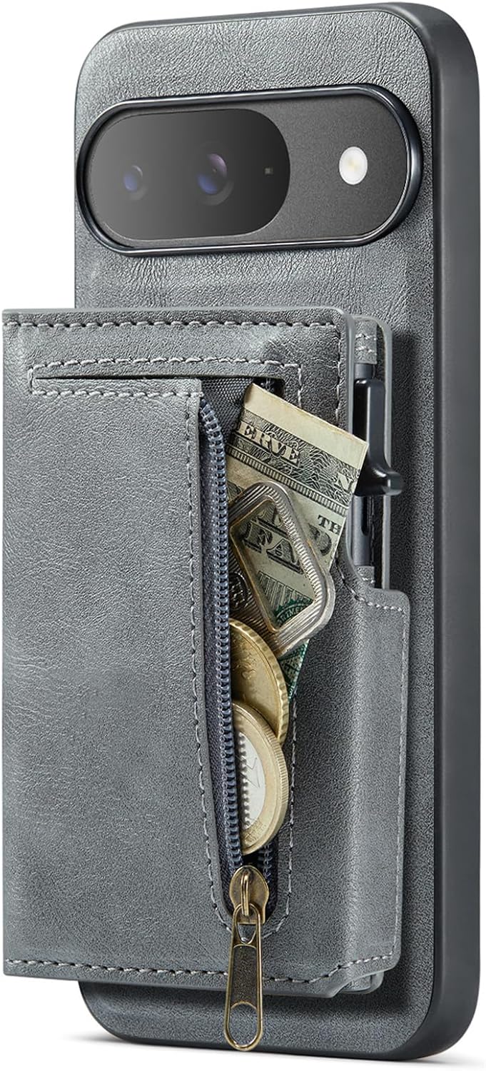 Leather Case for Google Pixel 10/10Pro/10Pro XL, Magnetic Detachable Card Holder Wallet Cover Stand Function(Grey,10)