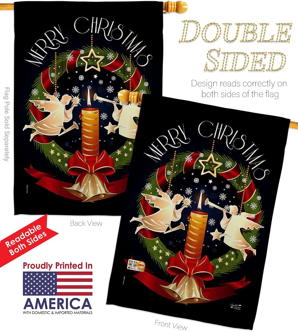 Angel Wreath House Flags Pack Wintertime Christmas Santa Marry Xmas Present Reindeer Season Snow USA Vintage Applique Small Decorative Gift Yard Banner Double-Sided Made In 28 X 40