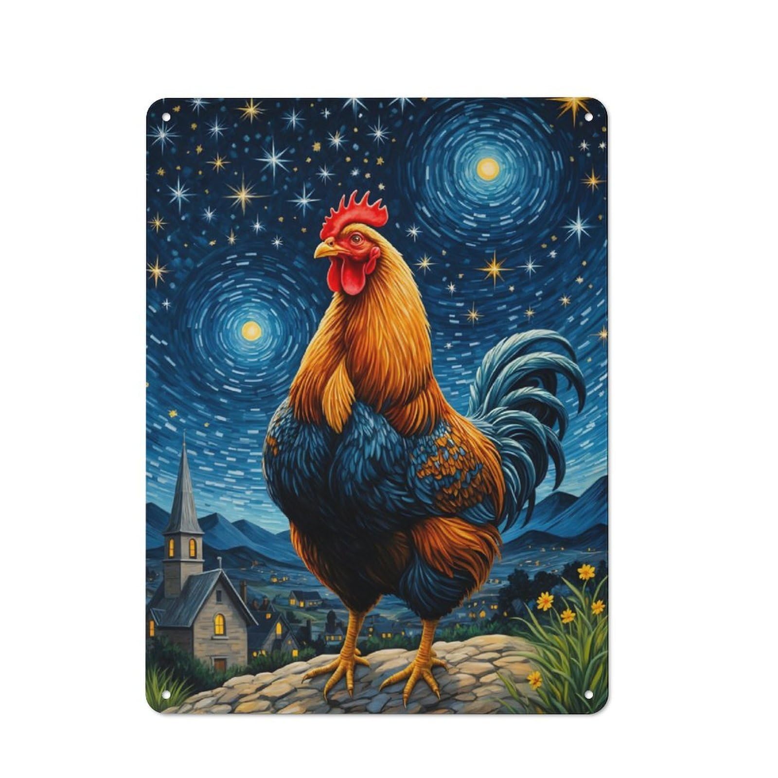 Rustic Metal Sign with Rooster Chicken Starry Night Design 40x30cm, Farmhouse Farmhouse Wall Decor for Dining Room, Cafe, Entryway Or Family Room