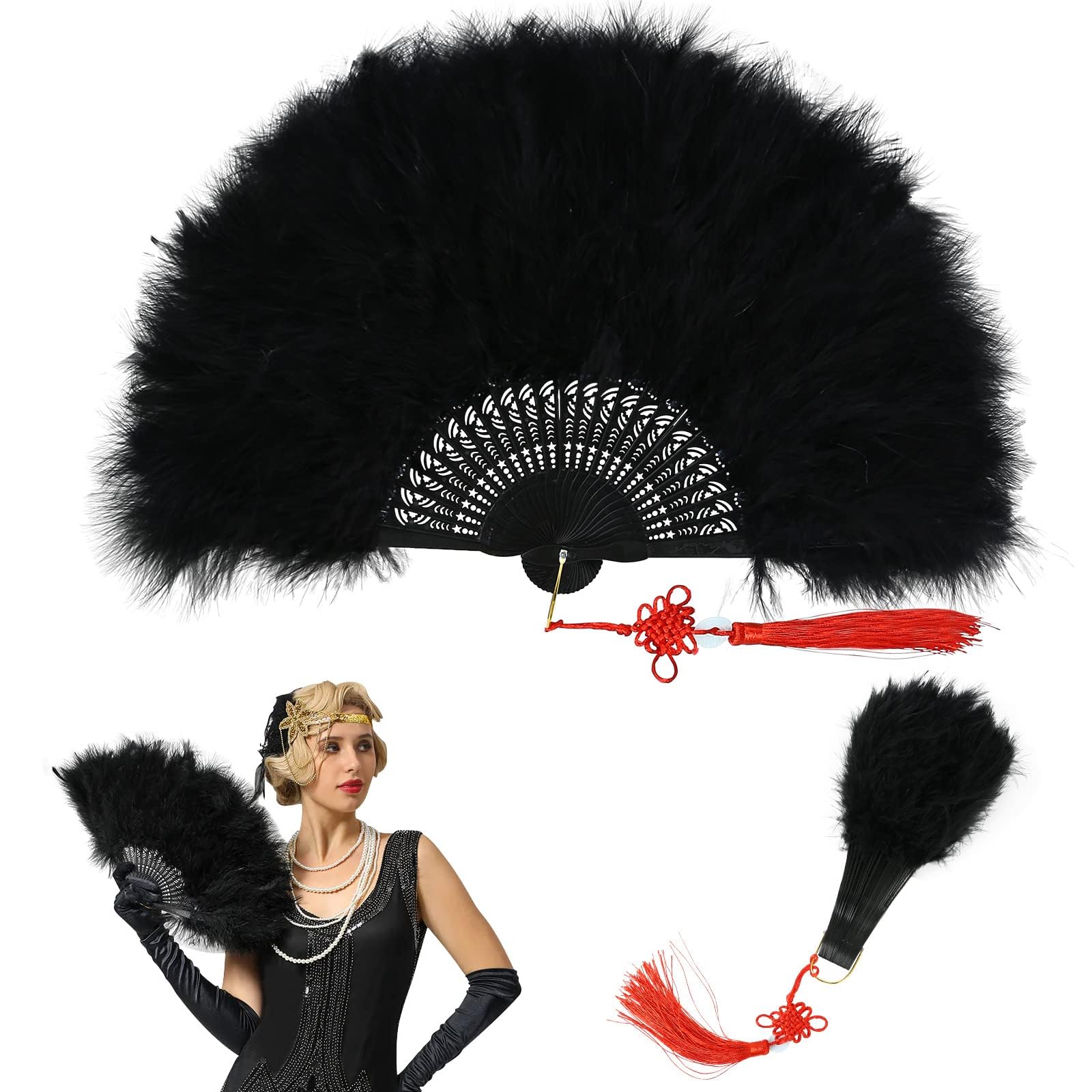 TERRIFI Handheld Marabou Feather Fan, 1920s Marabou Feather Fan, 20s Vintage Folding Fan, Foldable Fan for Costume Vintage Wedding Gatsby Party Dancing Show