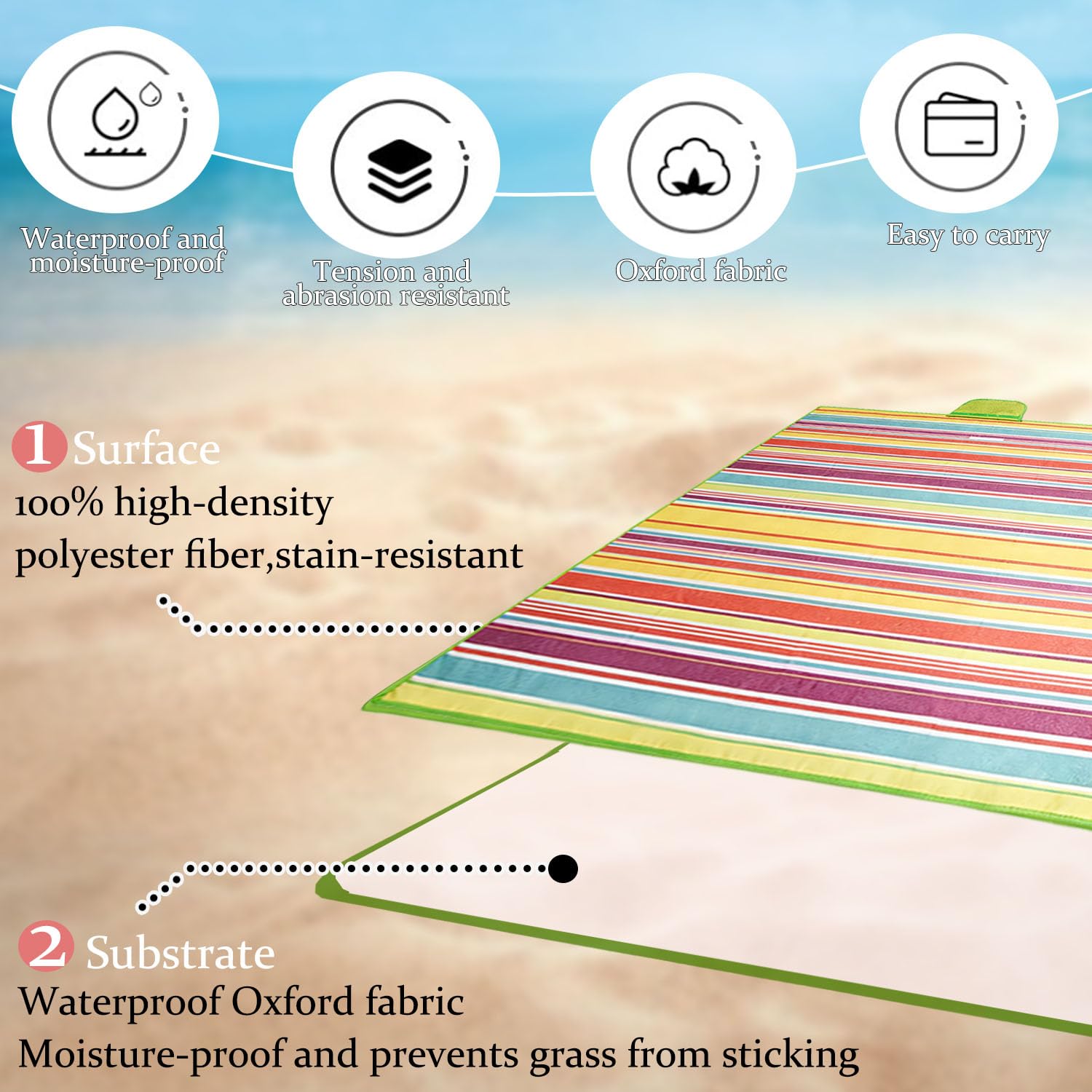 Couverture Pique Nique,200x200cm Grand Tapis Pique Nique avec Poignée,Portable,imperméable,Adaptée Plage Barbecue Parc,Camping Voyage(Rayures Colorées) - 4