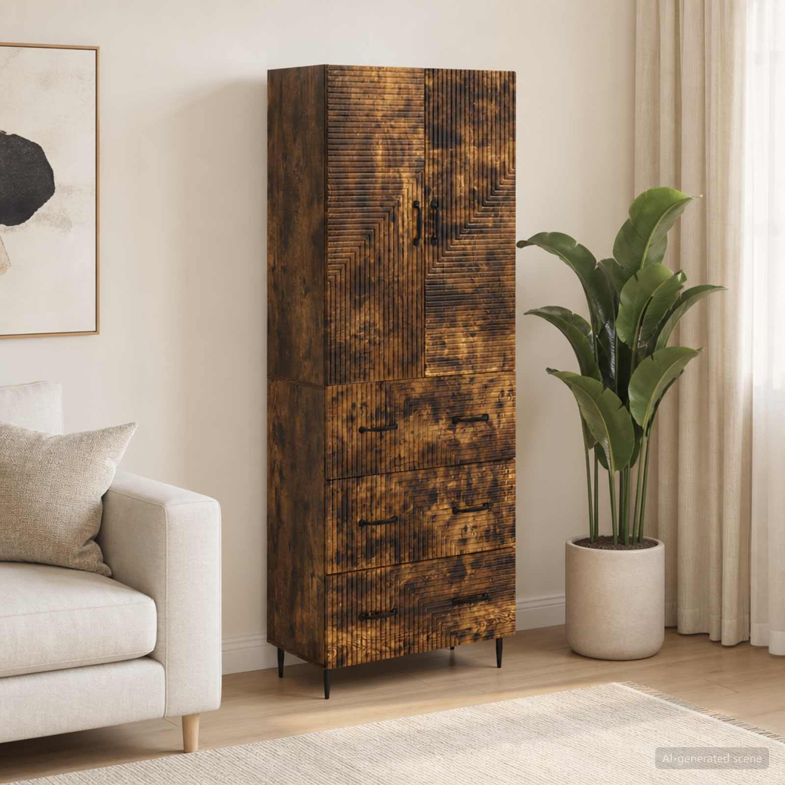 Set di 2 armadietti portaoggetti, in rovere affumicato, 66 x 34,5 x 90 cm, con cassetto e mensola, versatile per ufficio, guardaroba, attrezzi, scaffale e scorta