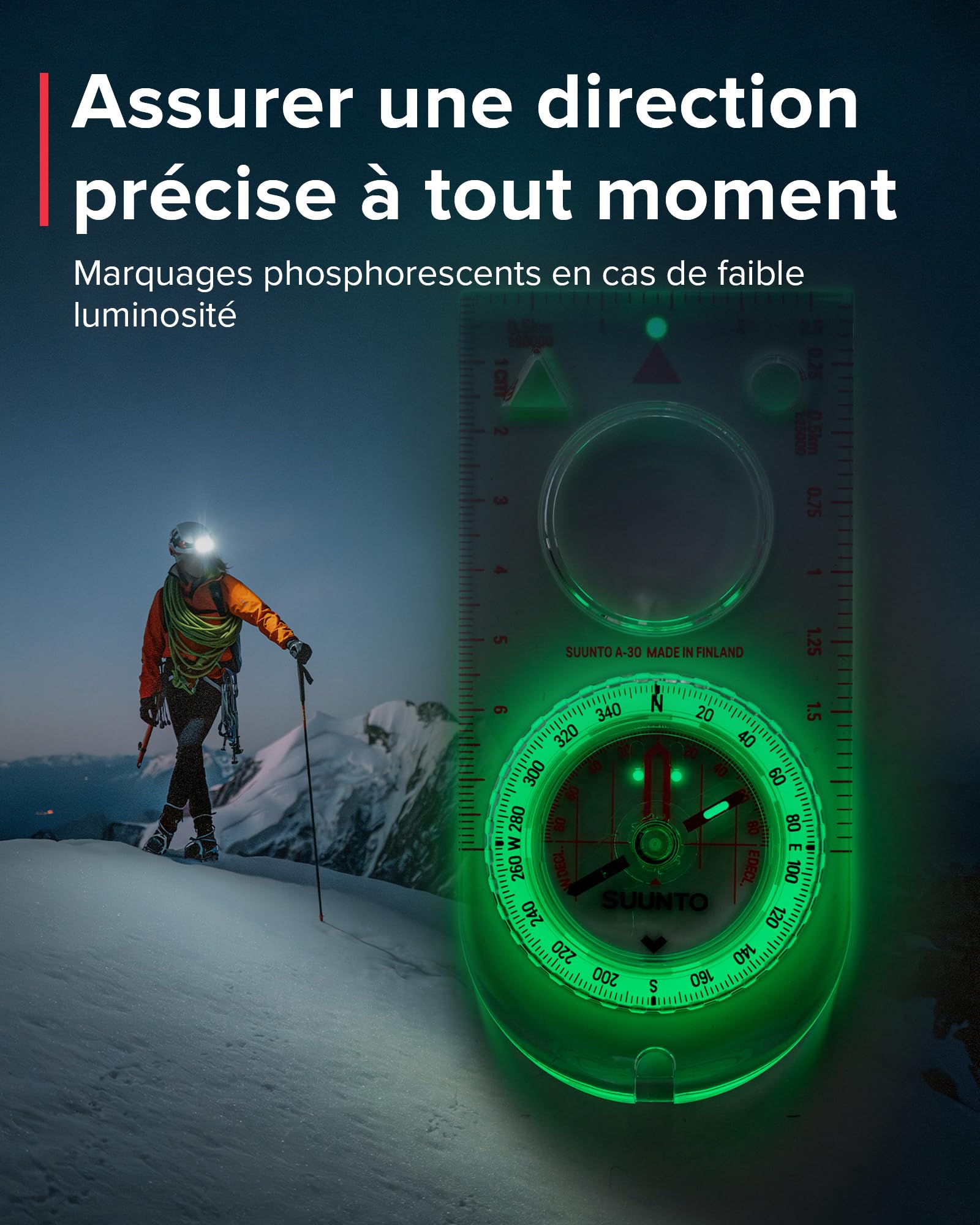 SUUNTO A-30 Boussole Randonnée, Navigation Professionnelle, Compass d'Orientation avec Cordon, étanche, Déclinaison Réglable, Marquages phosphorescents, pour Course Expédition Camping Survie
