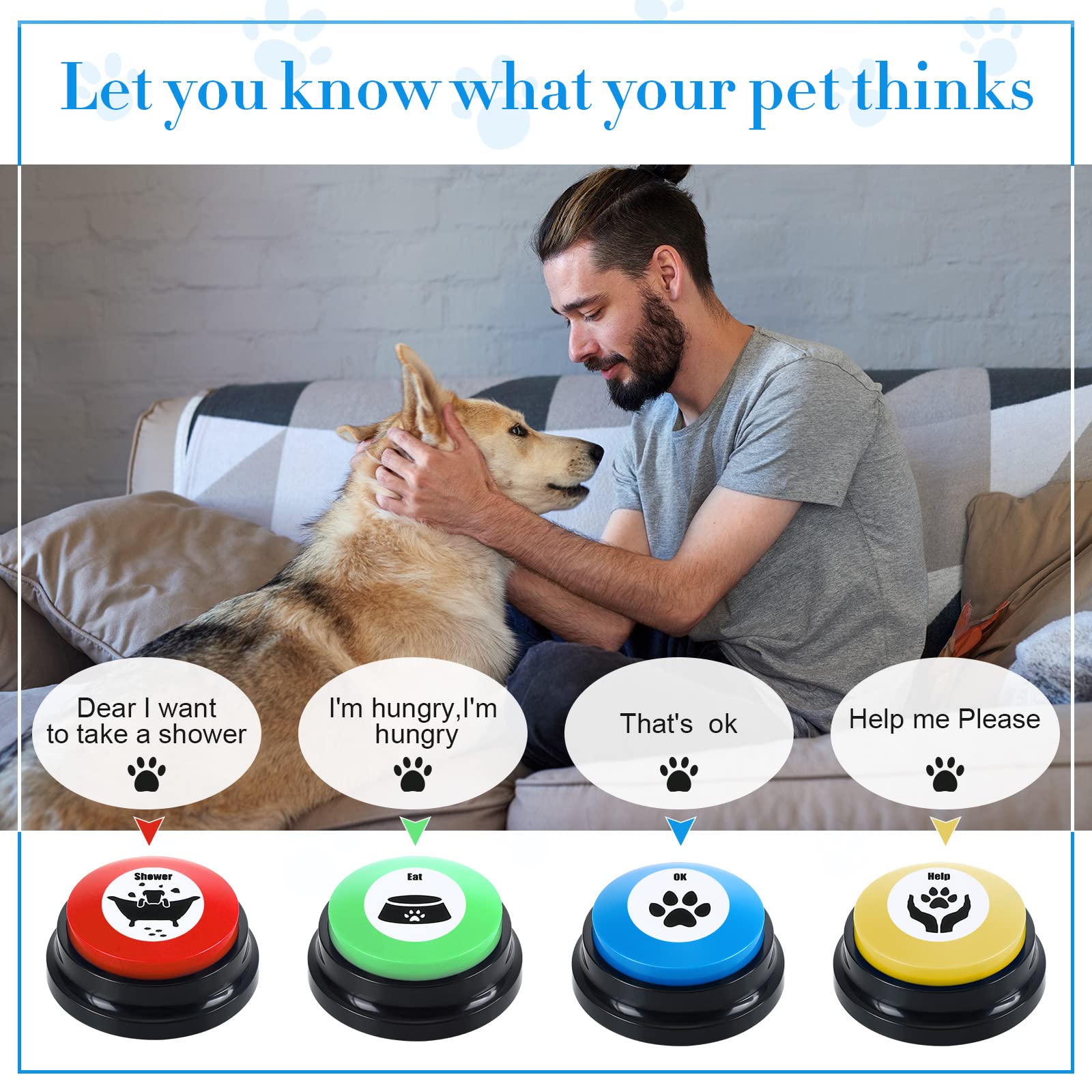 Jerify 16 botones de perro para comunicación, 8 colores, 30 segundos grabables de respuesta, zumbadores de voz grabables, juegos de botones de conversación para perros para entrenamiento de mascotas