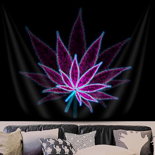 Miniatura 6 de Tapiz de hierba trippy, tapiz psicodélico de hojas de cannabis para colgar en la pared, tapiz hippie de naturaleza púrpura negro para estética de