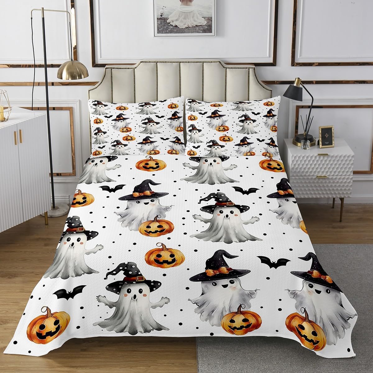 Erosebridal Halloween Ghost Quilt Set Bats Halloween Decoration Gothic Queen Bedspread Set - Pumpkin Lantern Coverlet Sets Funny Witch Hat Quilted