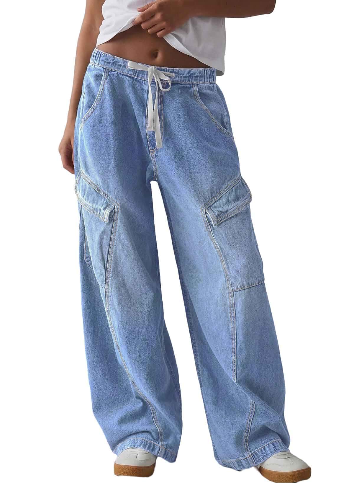 Sidefeel Womens Mid-Low Rise Y2K Boyfriend Baggy Jeans Elastic Drawtring Waistband, Comfy Stretch Denim Pants, Full Length, Wide Leg Cargo Style with 6 Pockets, Casual Street Wear