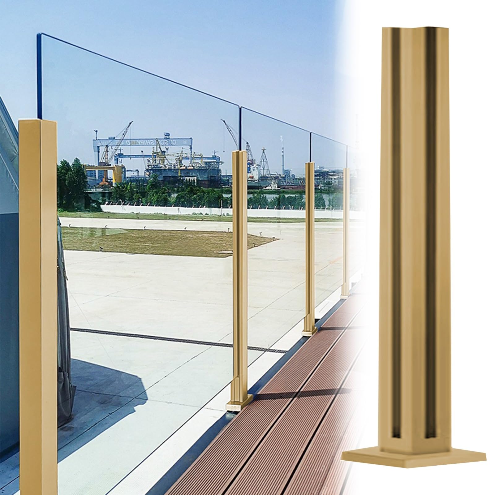 Złoty słupek balustrady balkonowej 115/114.8 cm – trwałe podparcie do paneli z metalu / drewna / szkła hartowanego (8–12 mm) – stylowy narożnik do nowoczesnych przestrzeni
