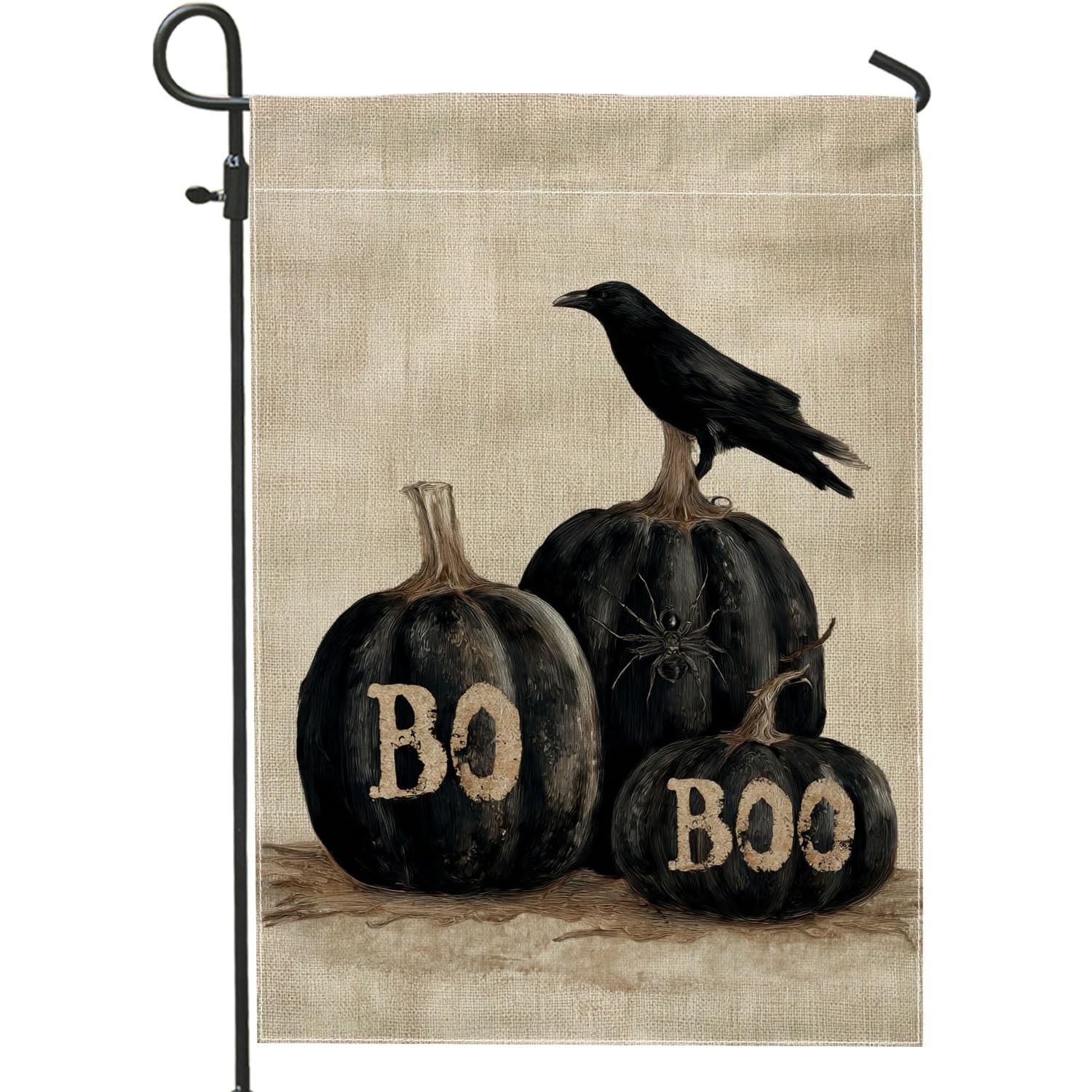 Halloween Pumpkin Garden Flag, Black Crow and Boo, Double Sided Burlap Banner for Outdoor Lawn Decoration 12x18 Inch